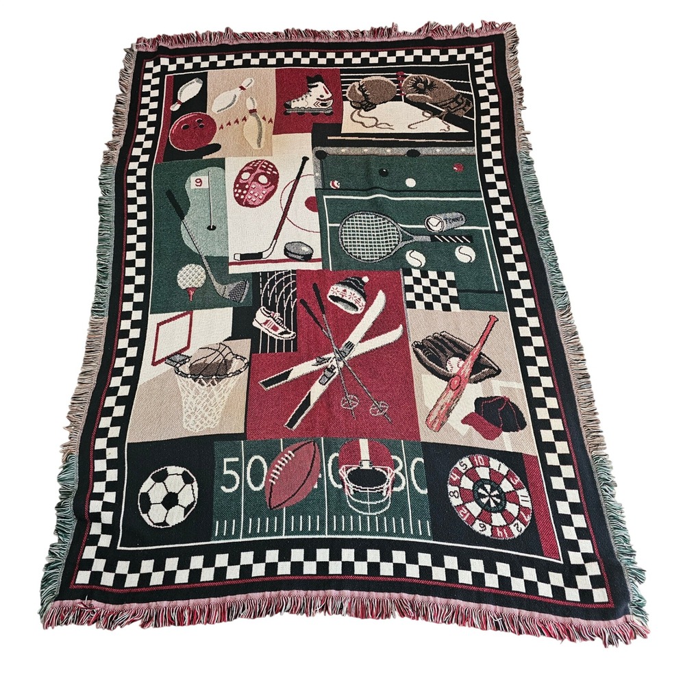 Vintage 90s Goodwin Weavers Sports Throw Blanket 48x67 Cotton USA Made Game Room